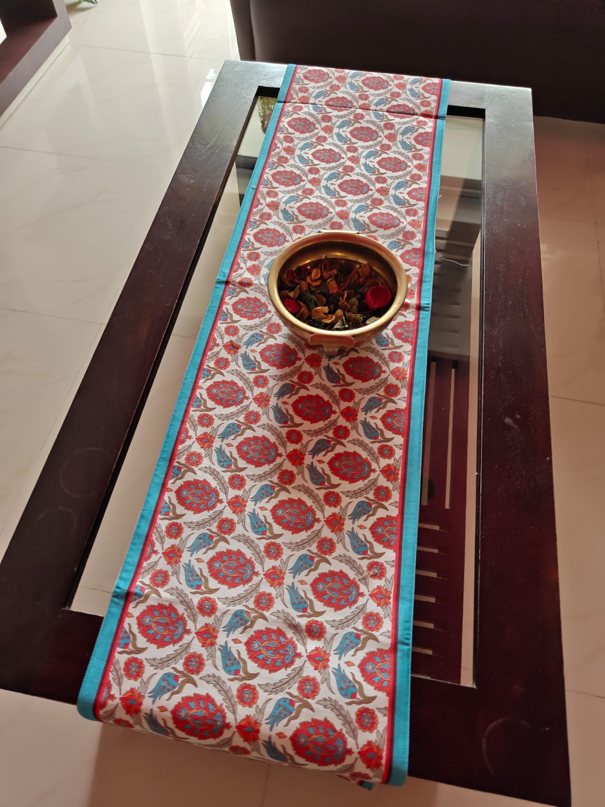 Stylish French Floristry Orange Beige Teal Silk Table runner (12 x 72 inches)
