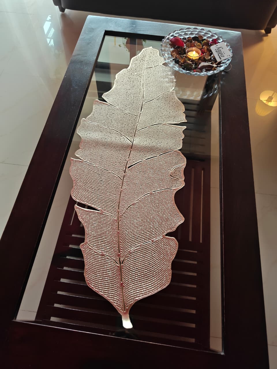 Beautiful Banana Leaf Table Runner (Size 13 x 36 Inches) Rose Gold