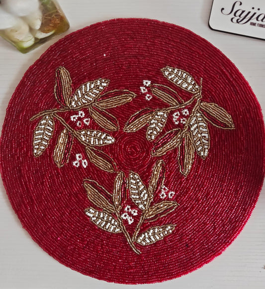 Radiant Royal Maroonish Red Placemat Floral Beads Tablemat