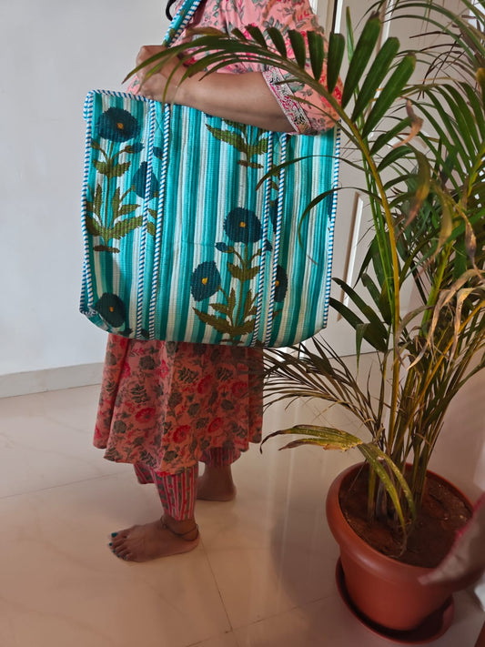 Striped Teal Green White Printed Palm Tree Tote Bag For Girl Women