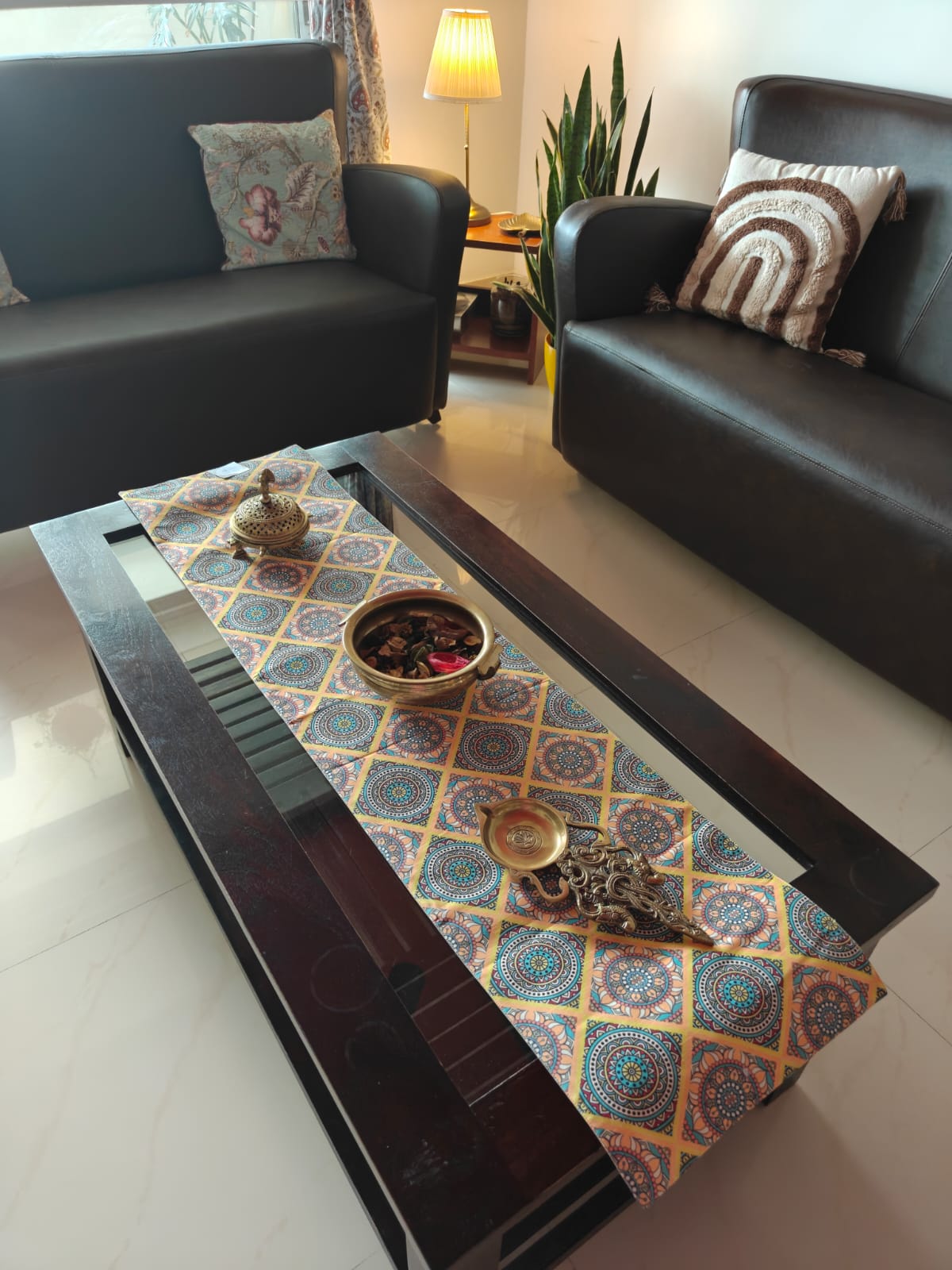 Multicoloured Contemporary Mandala Silk Table Runner (L-48in, W-12in)