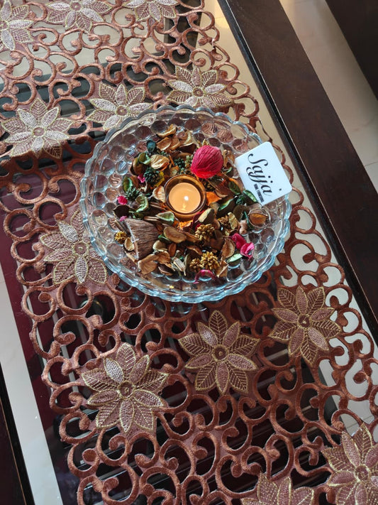 Elegant Cutwork Brown Gold Embroidered Organza Table Runner (L- 34in, W-15in)