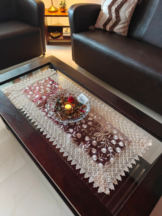 Beautiful Lace work Translucent Organza Embroidered Teapoy Table Runner
