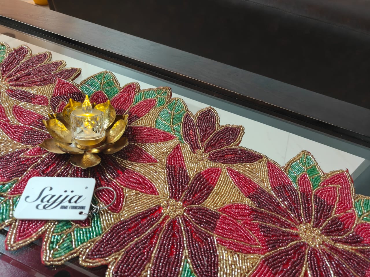 Rich Red Green Poinsettia Floral Handwoven Beads Table Runner