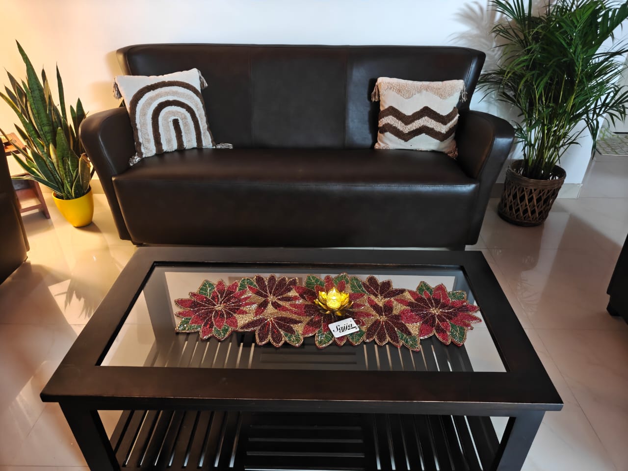 Rich Red Green Poinsettia Floral Handwoven Beads Table Runner