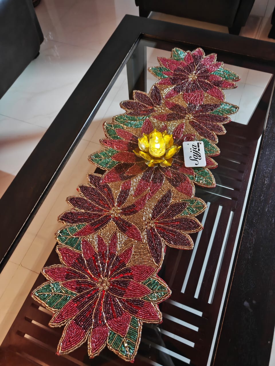 Rich Red Green Poinsettia Floral Handwoven Beads Table Runner