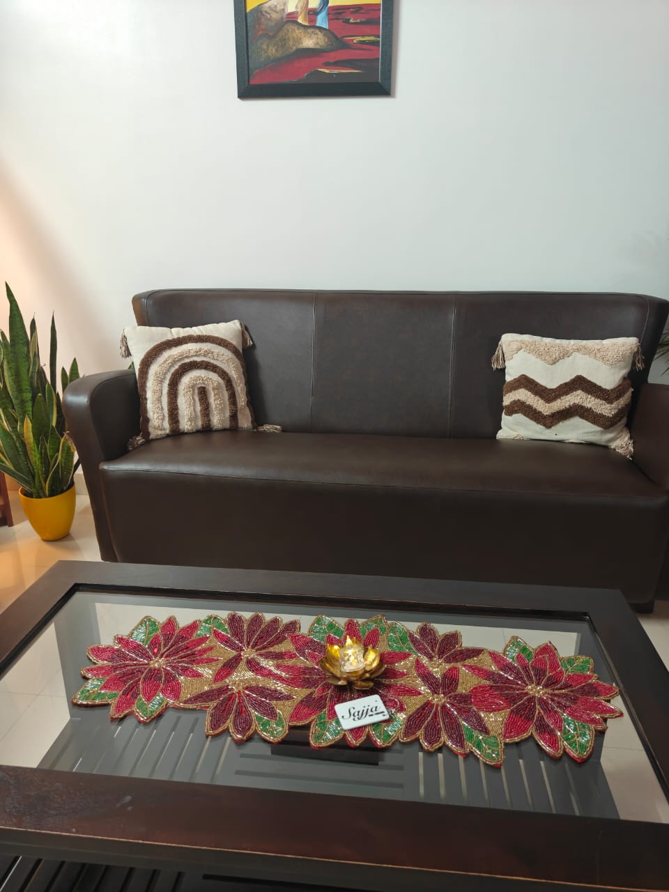 Rich Red Green Poinsettia Floral Handwoven Beads Table Runner