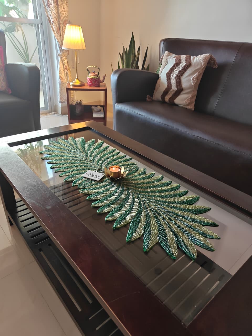 Buy Handmade Garden Green Beads Table Runner For Home Décor