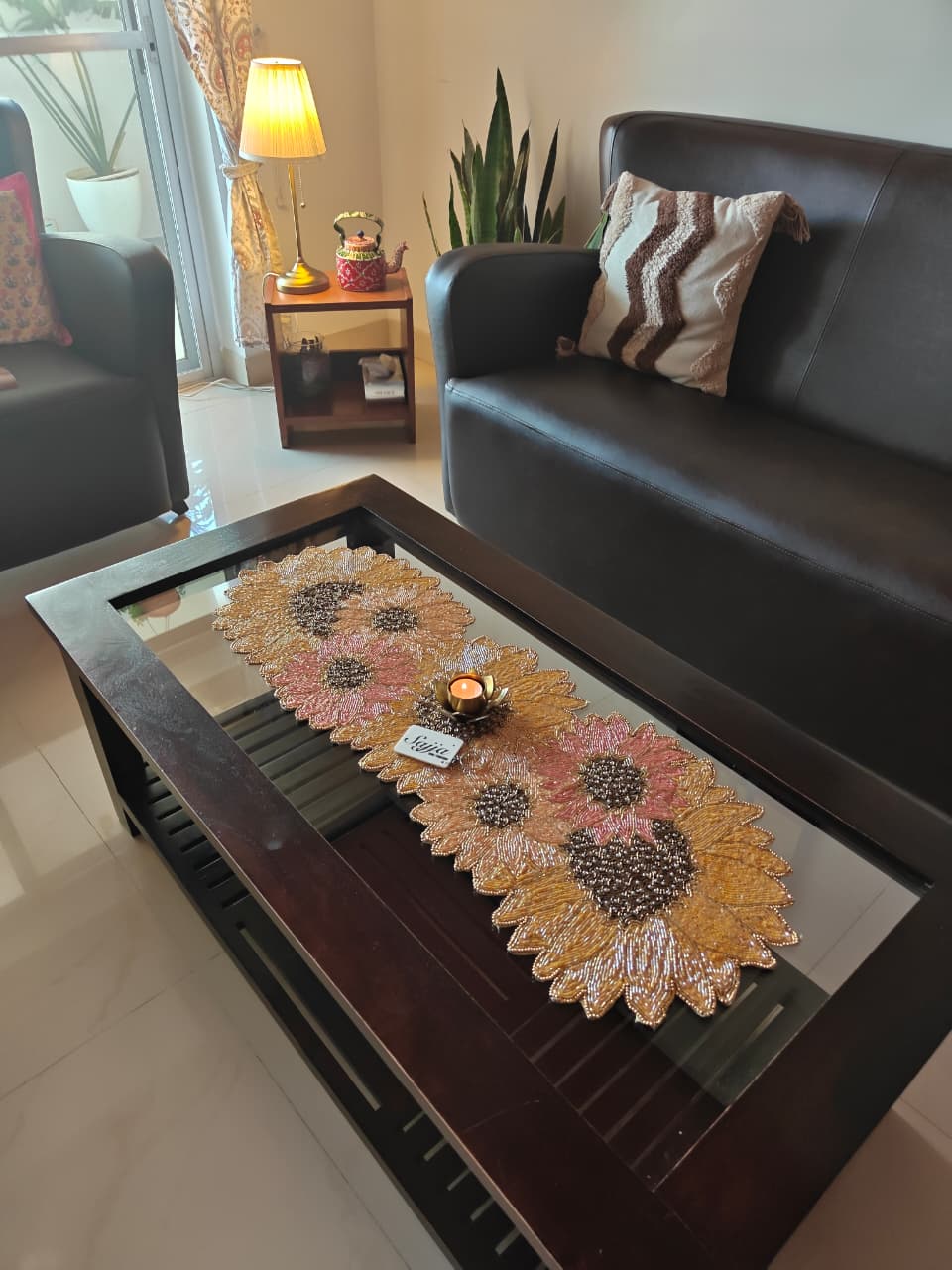 Scintillating Sunflower Handwoven Beads Table Runner