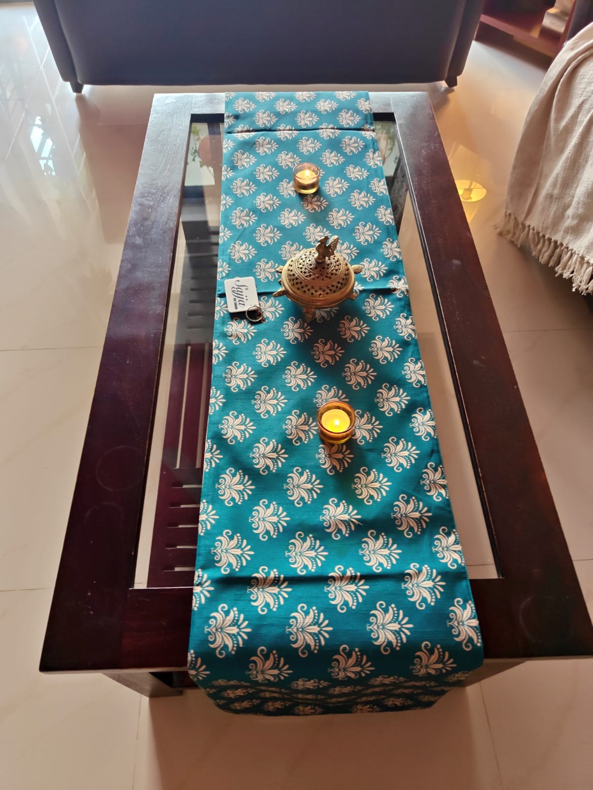 Jade English Art Inspired Silk Dining Table  | Coffee Table Runner L-72 in, W-12 in