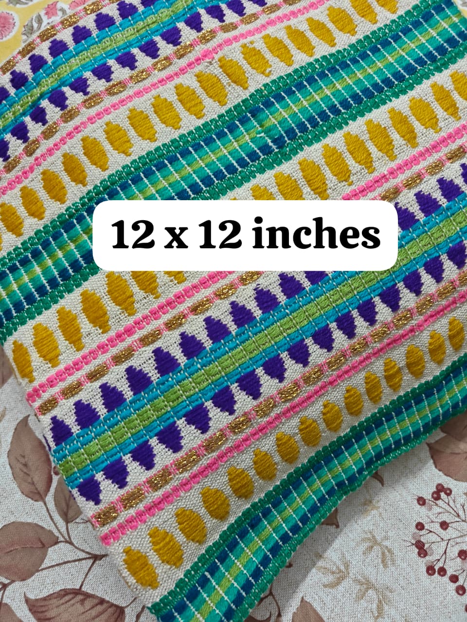 Hand Woven Green Multicoloured  Small Cushion Cover 12 x 12 inches 1 piece