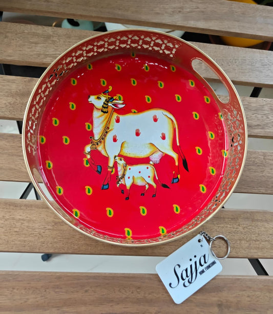 Big Round Red Pichwai Gold Kamdhenu Cow Decorative Tray (10 x 10 inches)