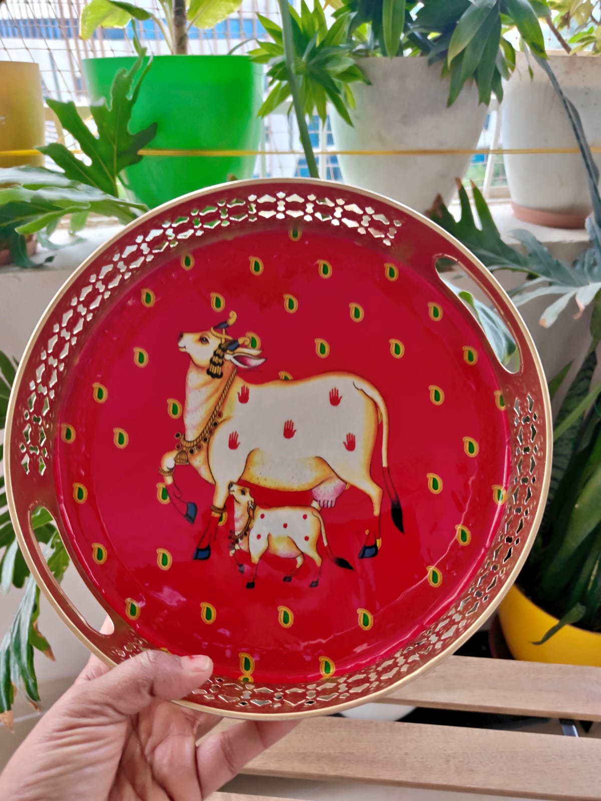 Big Round Red Pichwai Gold Kamdhenu Cow Decorative Tray (10 x 10 inches)