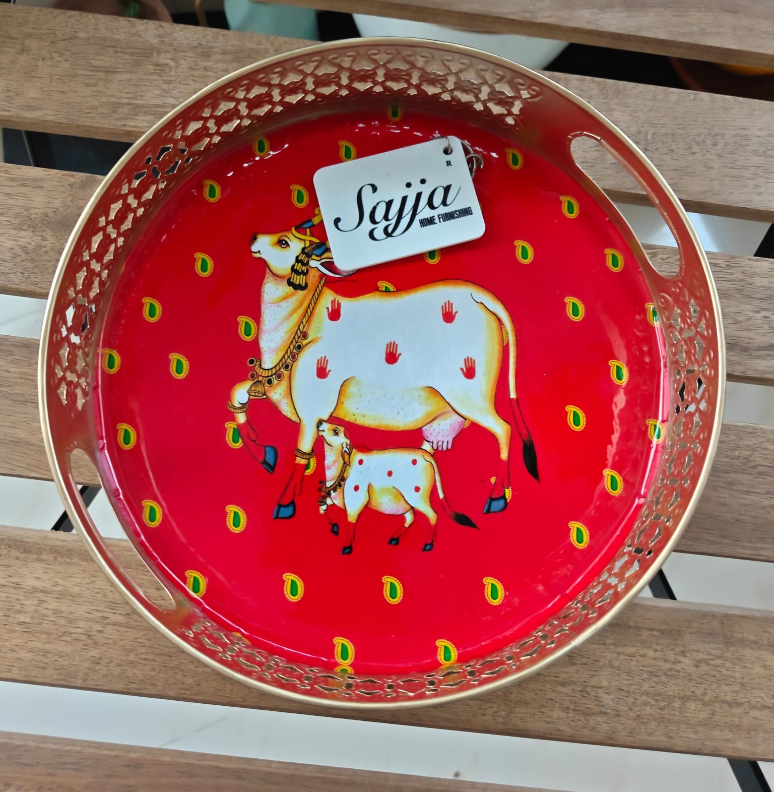 Big Round Red Pichwai Gold Kamdhenu Cow Decorative Tray (10 x 10 inches)