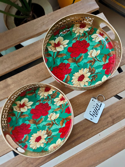 Elegant Gifting Set Pichwai Teal Jade Gulab Trays - 2 Tray Sets (10" inches+ 8 inches)