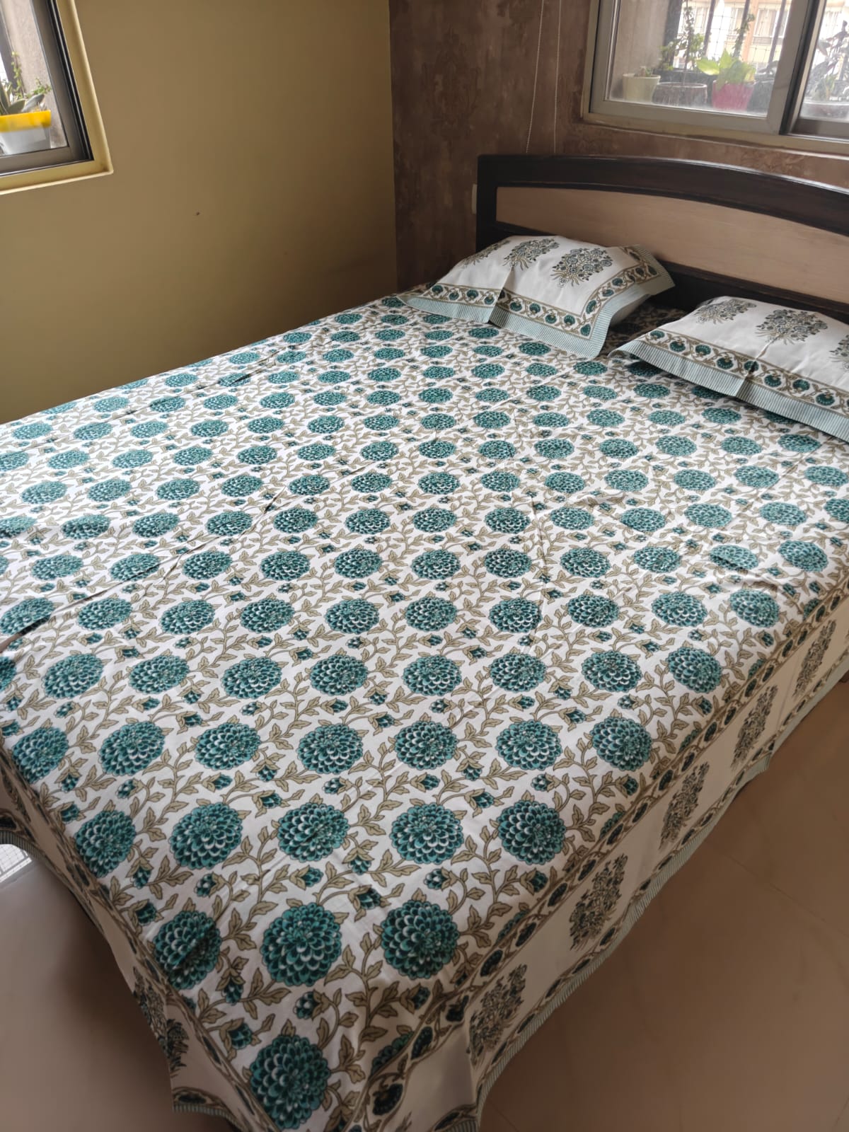 Heritage Vintage Teal Blue Hand block Cotton Mandala Double Bedsheet Queen | Smaller King