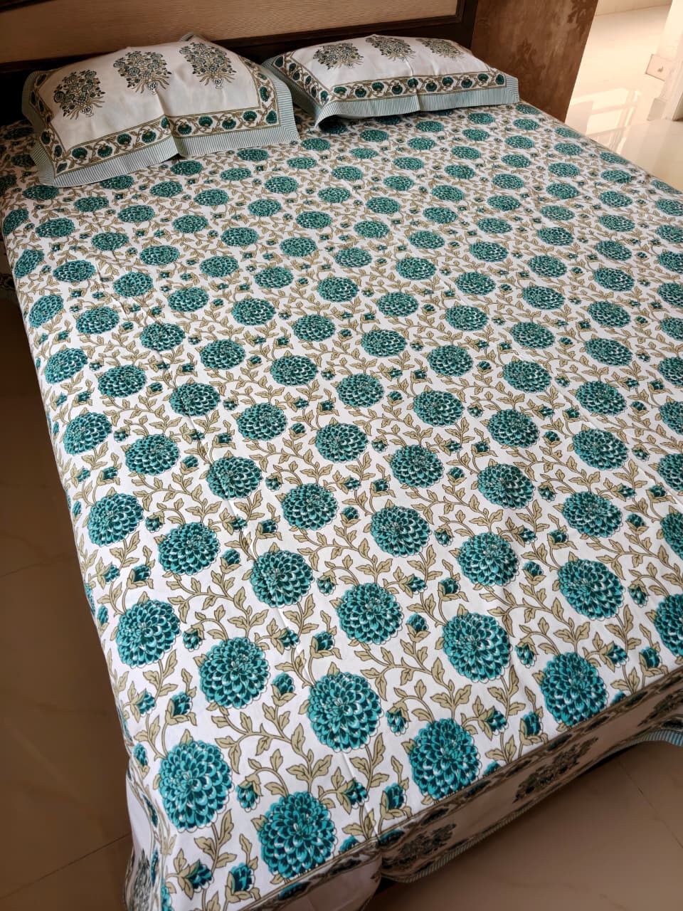 Heritage Vintage Teal Blue Hand block Cotton Mandala Double Bedsheet Queen | Smaller King