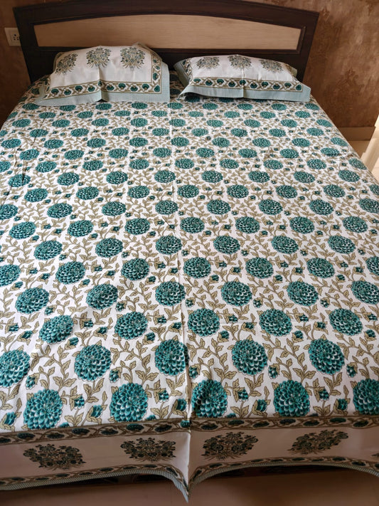 Heritage Vintage Teal Blue Hand block Cotton Mandala Double Bedsheet Queen | Smaller King