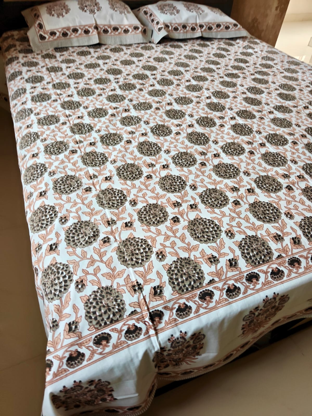 Handblock Gulbahar Brown Floral Bedsheet Queen | Smaller King 95 x 108 inches