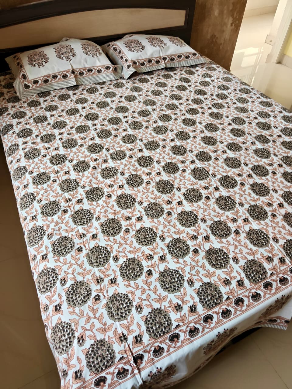 Handblock Gulbahar Brown Floral Bedsheet Queen | Smaller King 95 x 108 inches