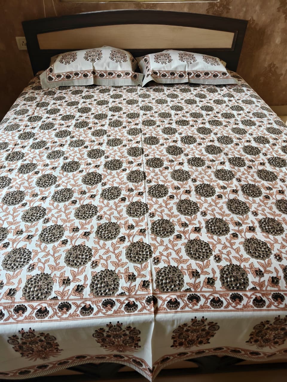 Handblock Gulbahar Brown Floral Bedsheet Queen | Smaller King 95 x 108 inches