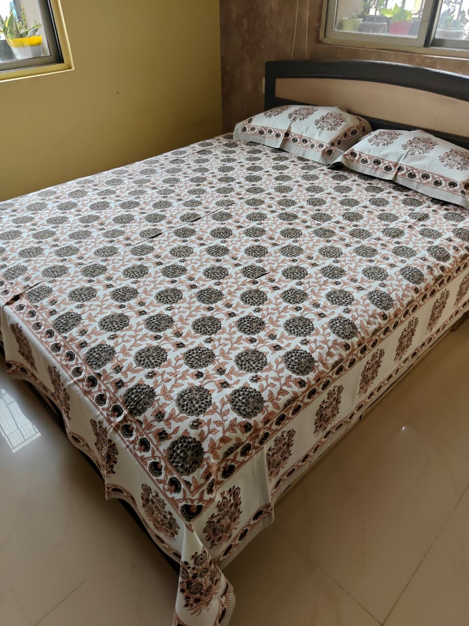 Handblock Gulbahar Brown Floral Bedsheet Queen | Smaller King 95 x 108 inches