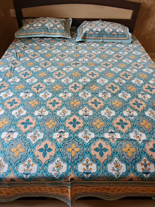 Vintage South Cotton Blue Brown Damask Pattern Double Bedsheet Queen Smaller King