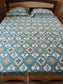 Vintage South Cotton Blue Brown Damask Pattern Double Bedsheet Queen Smaller King