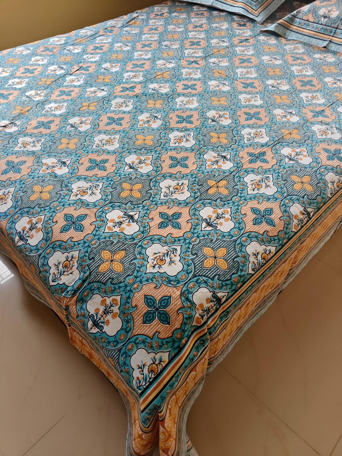 Vintage South Cotton Blue Brown Damask Pattern Double Bedsheet Queen Smaller King