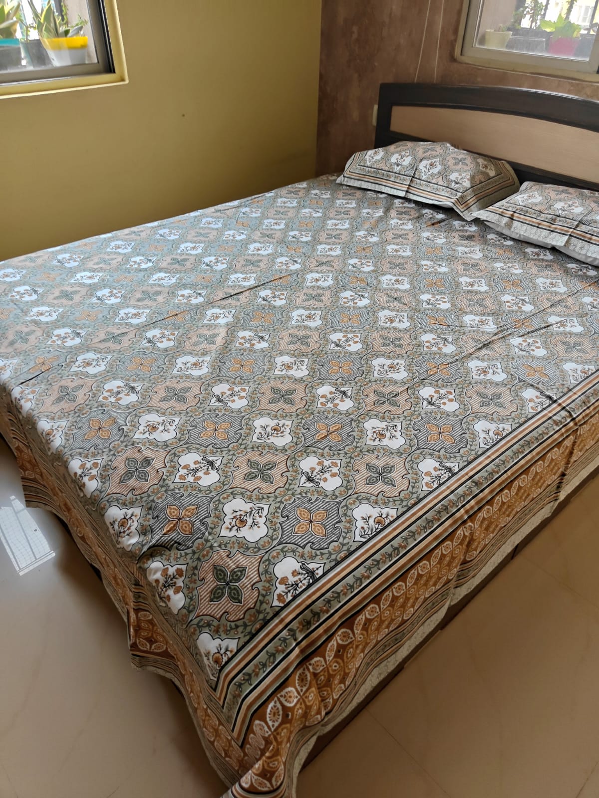 Vintage Hand block Damask Pattern Pure Cotton Double Bedsheet queen King Multicoloured