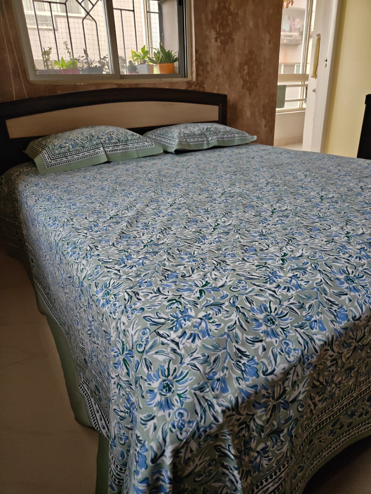 Heritage Vintage Blue Sage Green Hand block Cotton Double Bedsheet Queen | Smaller King