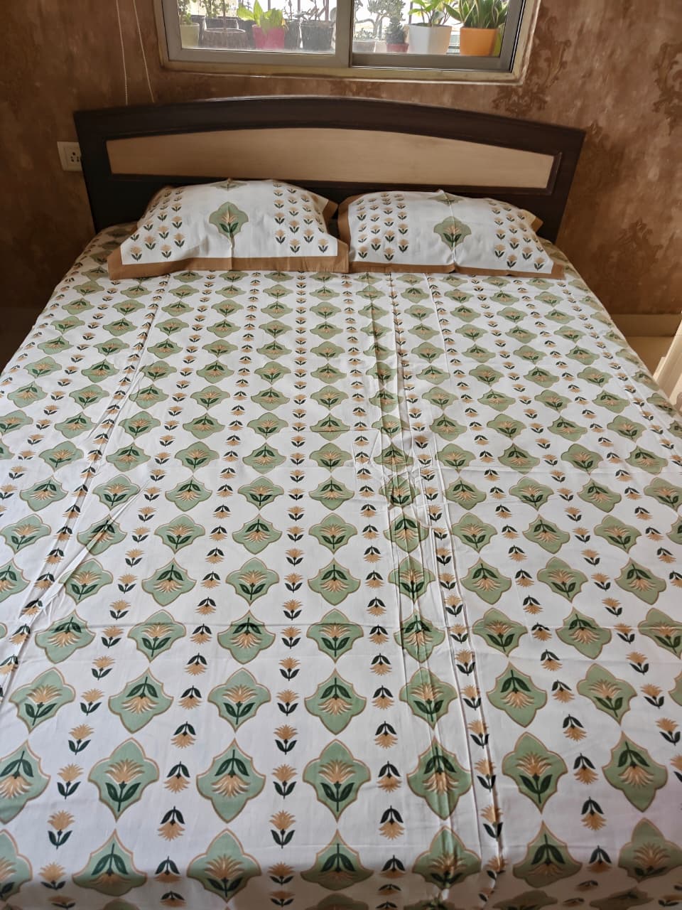 Sajja Hand Block Bedsheet Floral Sage Guldasta Queen Smaller King 95 x 108 inches