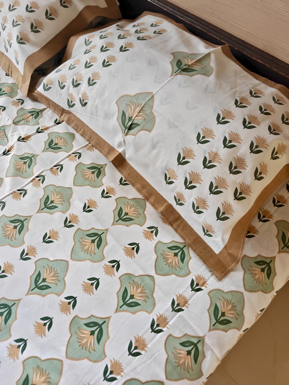 Sajja Hand Block Bedsheet Floral Sage Guldasta Queen Smaller King 95 x 108 inches