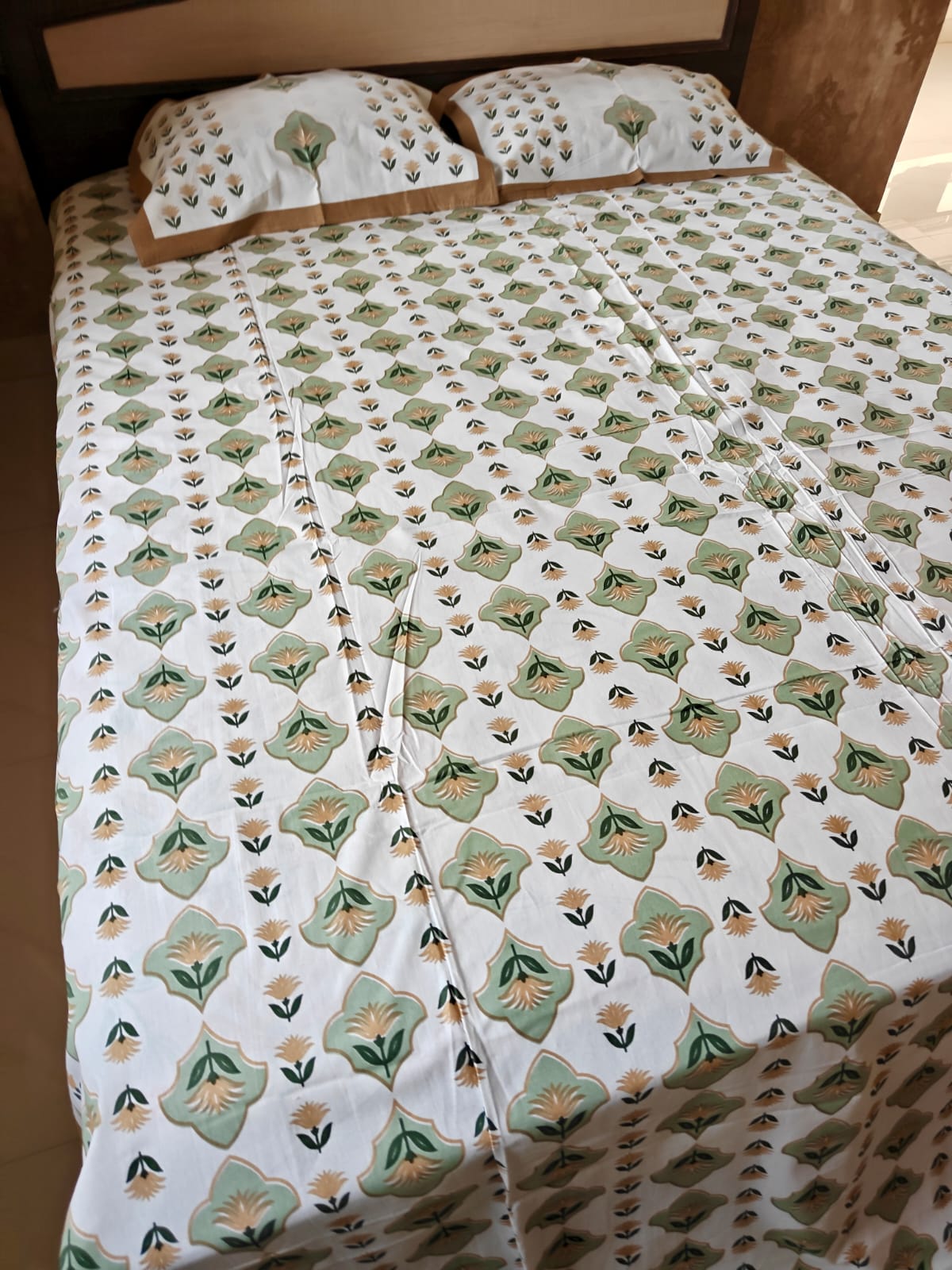 Sajja Hand Block Bedsheet Floral Sage Guldasta Queen Smaller King 95 x 108 inches