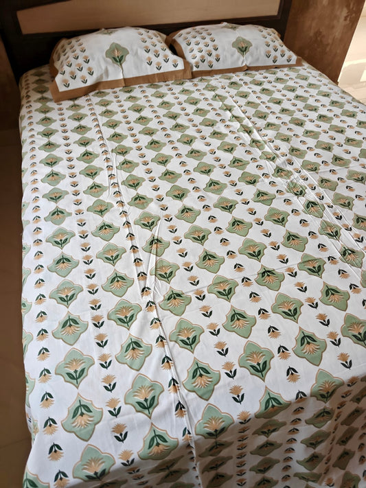 Sajja Hand Block Bedsheet Floral Sage Guldasta Queen Smaller King 95 x 108 inches