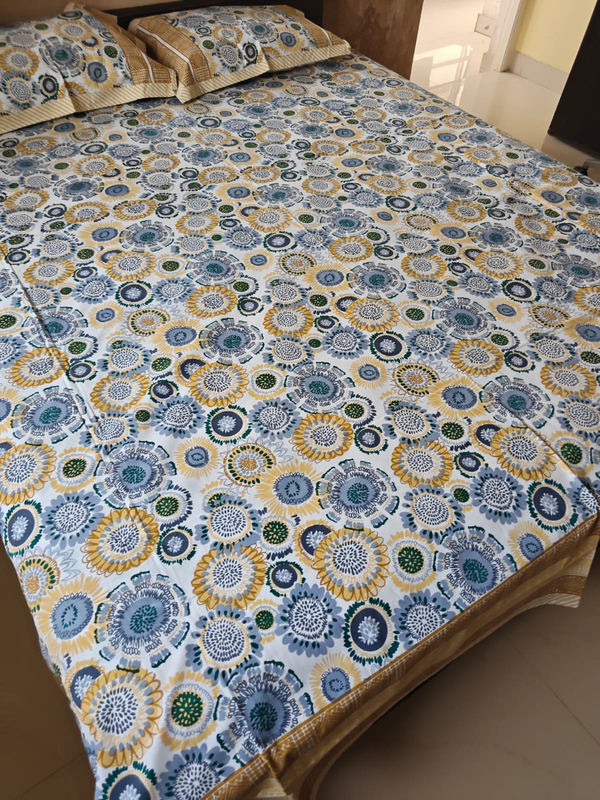 Heritage Vintage Floral Blue Yellow Hand block Cotton Double Bedsheet Queen 95 x 108 inch