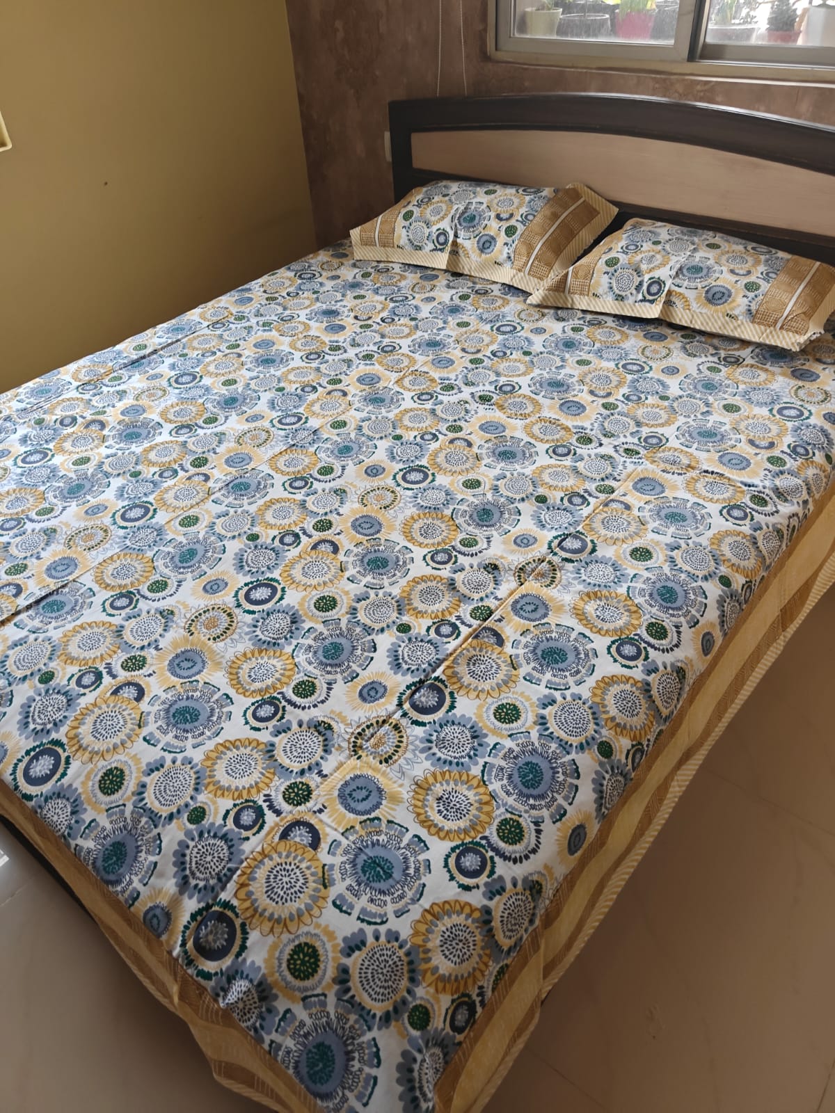Heritage Vintage Floral Blue Yellow Hand block Cotton Double Bedsheet Queen 95 x 108 inch
