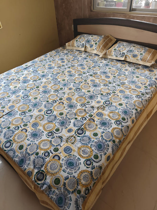 Heritage Vintage Floral Blue Yellow Hand block Cotton Double Bedsheet Queen 95 x 108 inch