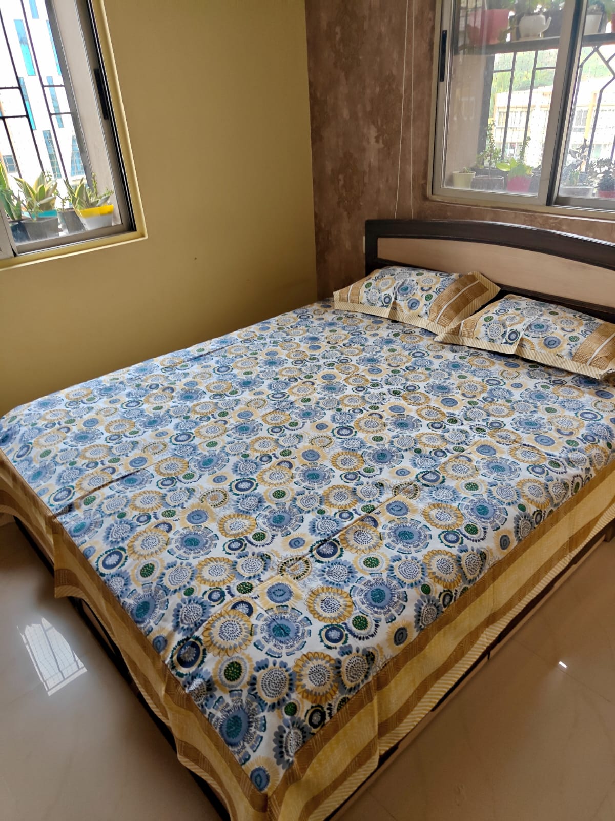 Heritage Vintage Floral Blue Yellow Hand block Cotton Double Bedsheet Queen 95 x 108 inch