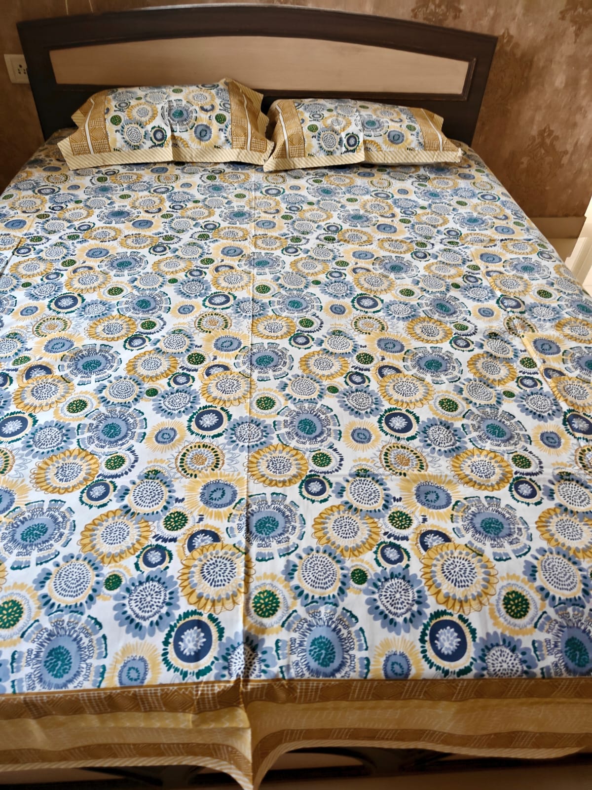 Heritage Vintage Floral Blue Yellow Hand block Cotton Double Bedsheet Queen 95 x 108 inch