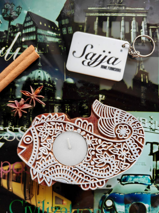 Wooden Tea Light Holder Auspicious Fish | Handcrafted Diya | 1 piece