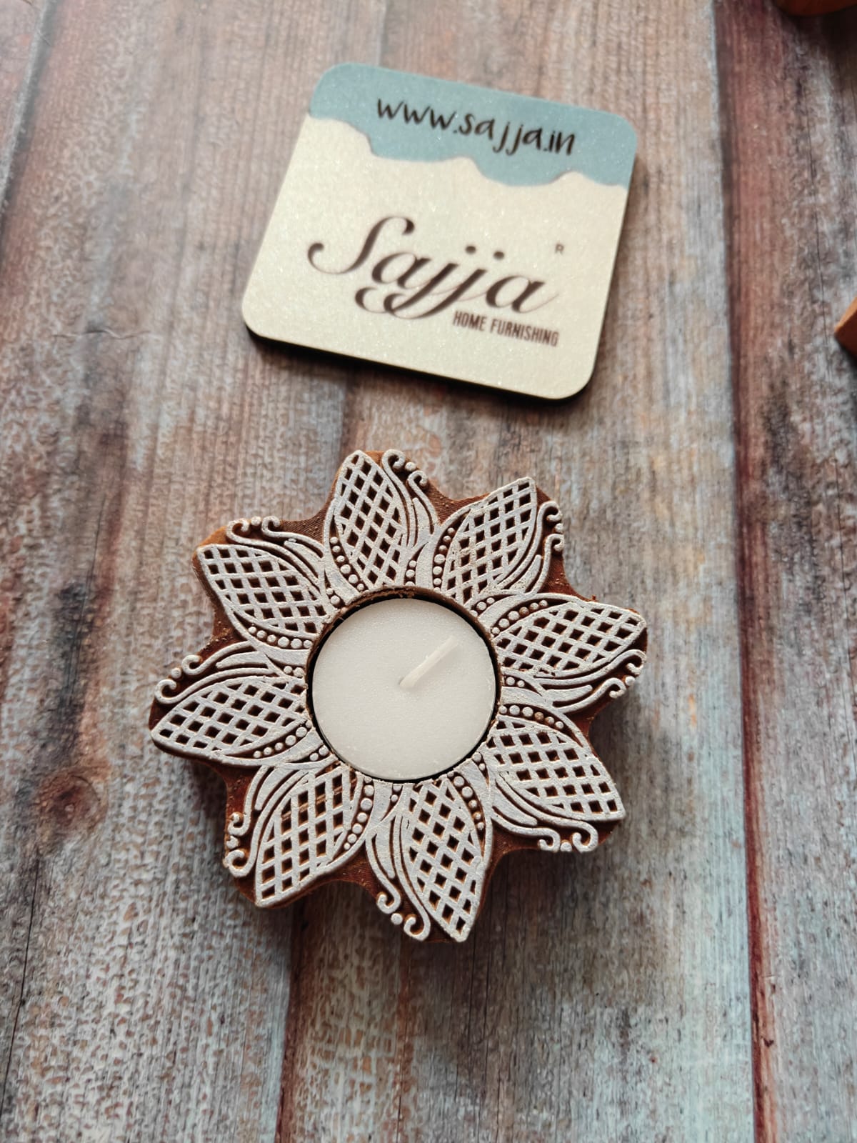 Designer Round Handcrafted Wood Tealight Candle Holder  | Handcrafted Diya | 1 piece | Indian Festival Diya