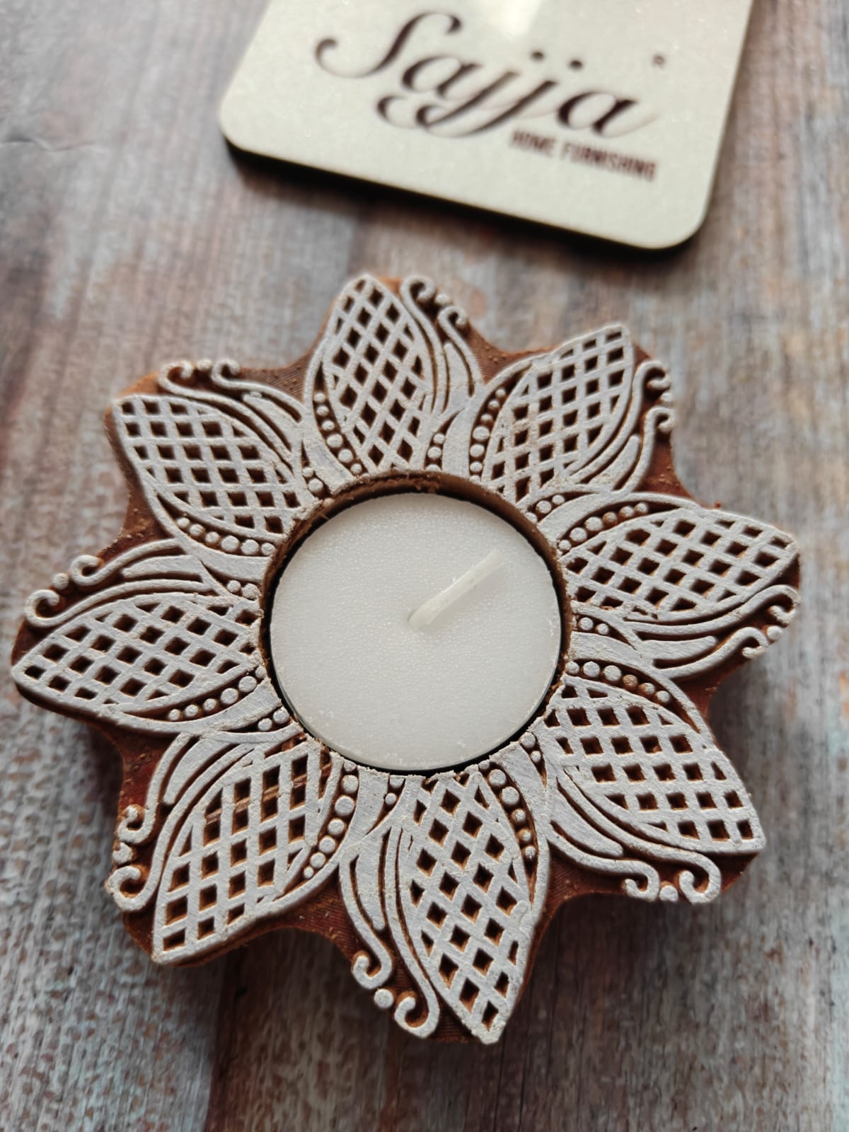 Designer Round Handcrafted Wood Tealight Candle Holder  | Handcrafted Diya | 1 piece | Indian Festival Diya