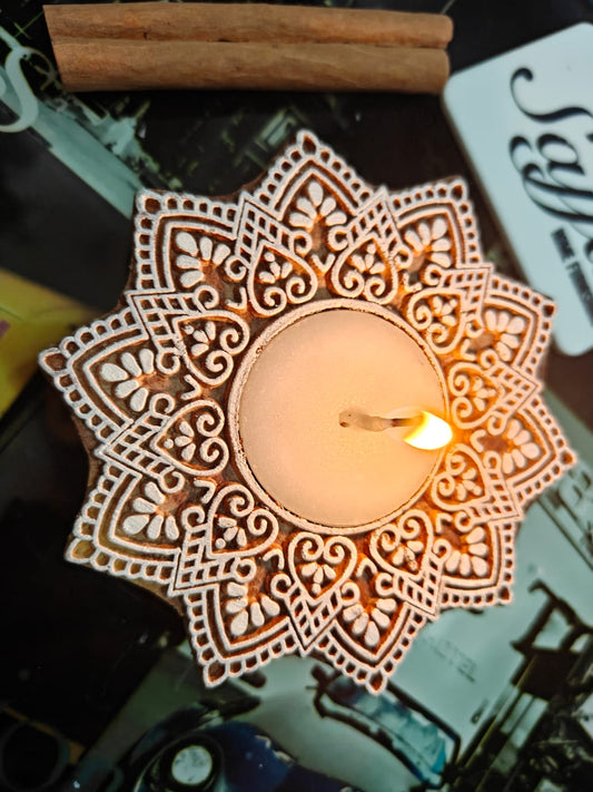 Decagram Handcrafted Wood Tealight Candle Holder | Handcrafted Diya | 1 piece | Indian Festival Diya