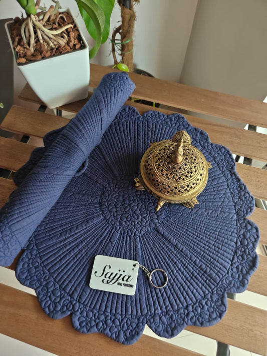 Garden of Circle Floral Cotton Round Table Fabric Placemat mat Set of 2 Navy Blue