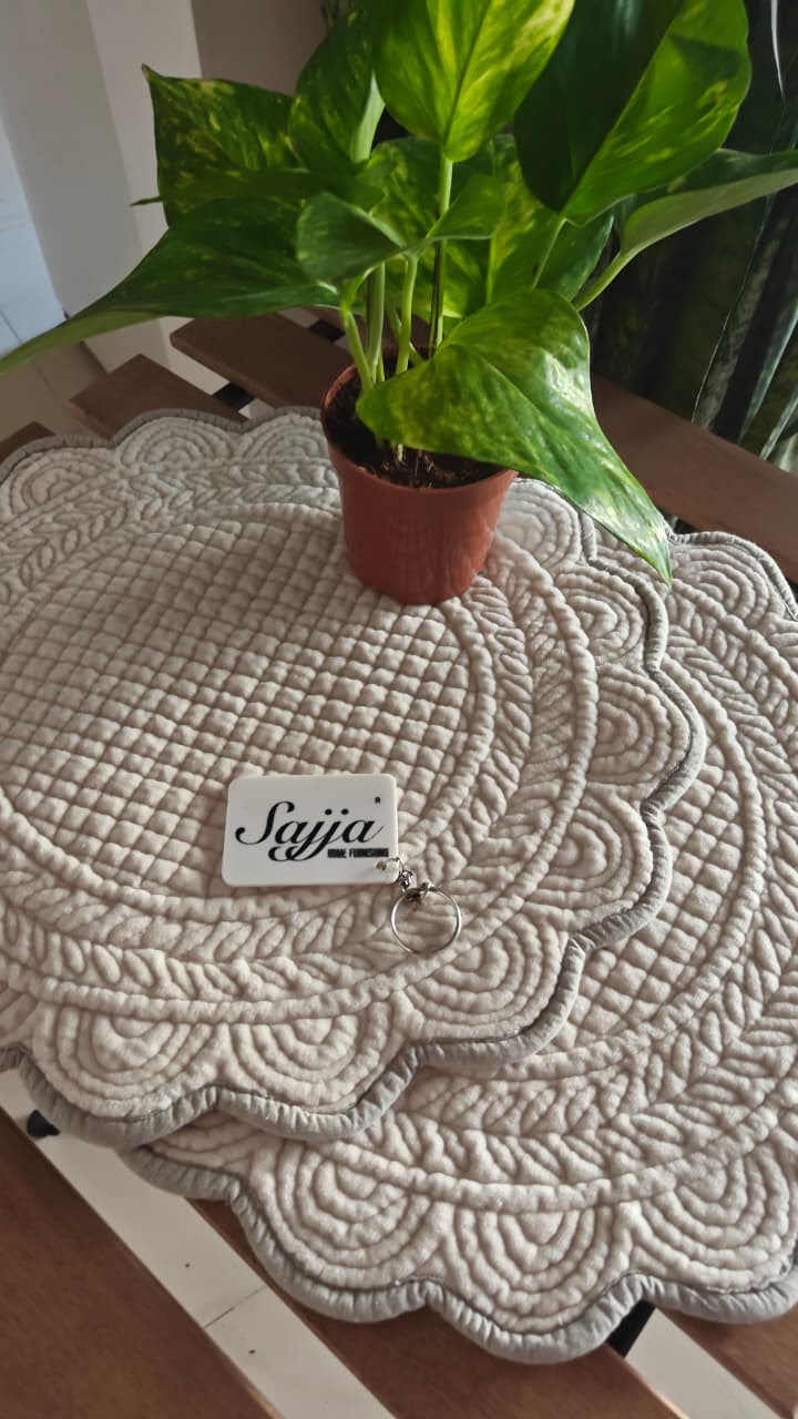 Velvet Ivory Patta Floral Hand Quilted Round Cotton Table Fabric Placemat Pair