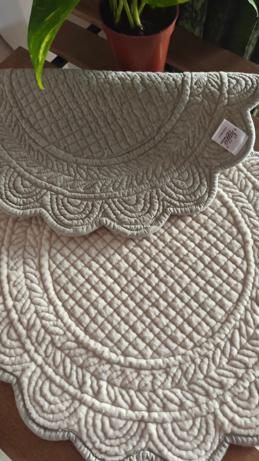 Velvet Ivory Patta Floral Hand Quilted Round Cotton Table Fabric Placemat Pair