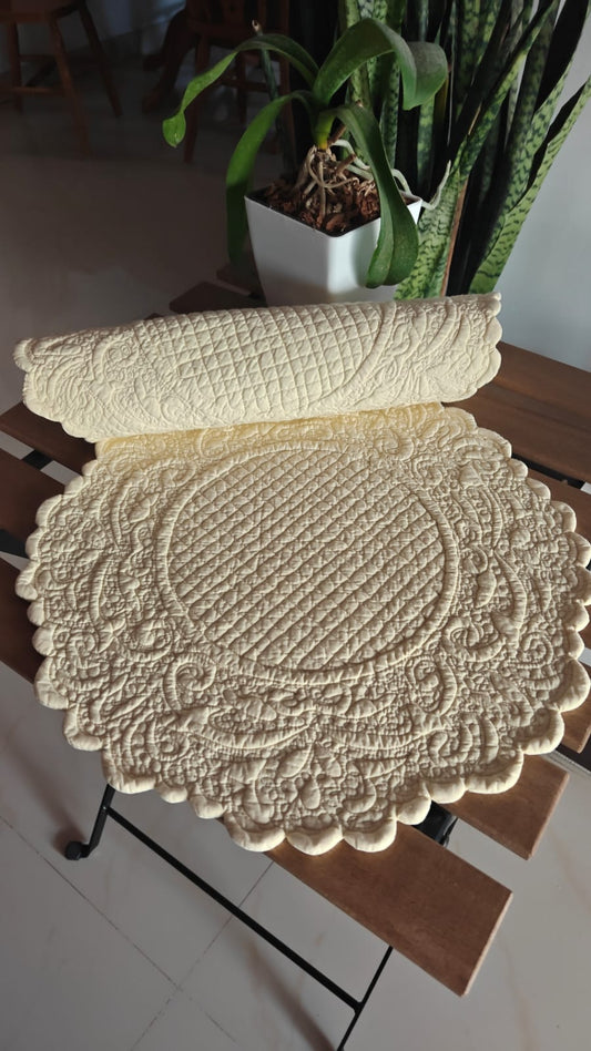 Light Lemon Yellow Scalloped Floral Hand Quilted Cotton Table Fabric Placemat  Set of 2