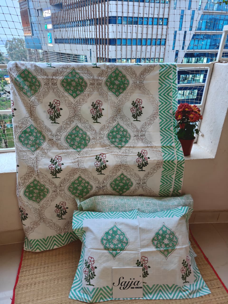 Vintage Hand block Green Pooklam Floral Cotton Double Bedsheet King 9 feet x 9 feet