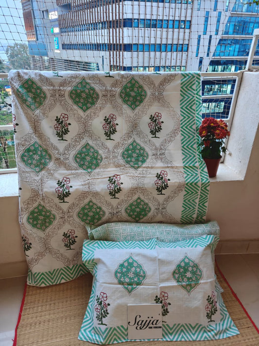 Vintage Hand block Green Pooklam Floral Cotton Double Bedsheet King 9 feet x 9 feet